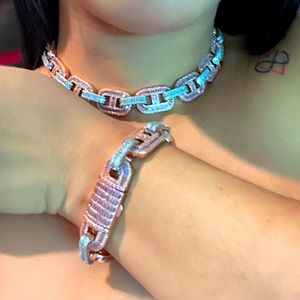 15mm gold plated zirconia choker, 16 inch pink zirconia, 7mm gold bracelet..